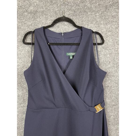 Ralph Lauren Crepe Sleeveless Dress Navy Blue Midi Gold Plated Logo Size 16 - Picture 8 of 16